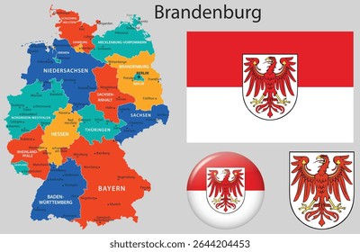 Vector set of Brandenburg with official flag, coat of arms, and updated map. Part of Germany’s regional heraldry and emblem design collection.