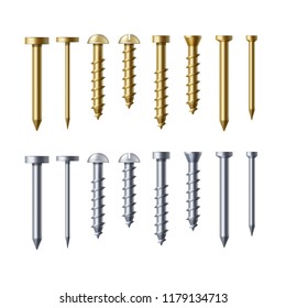 Vector set of brass and stainless steel nails with screws. Fasteners for wood and concrete, isolated on white background