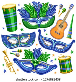 Vector set for Brazil Carnival, cut out illustrations of objects for carnival in Rio de Janeiro, drum with drumsticks, elegant venetian masks, music trumpet, vuvuzela and maracas on white background.