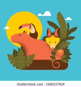 Conjunto vectorial de animales brasileños de diseño plano. capibara, tocan, tamarín dorado de león.