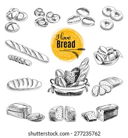 Vector set of bread and bakery products. Vector illustration in sketch style. Hand drawn design elements.