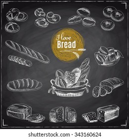 Vector set of bread and bakery products. Vector illustration in sketch style. Hand drawn design elements. Chalkboard