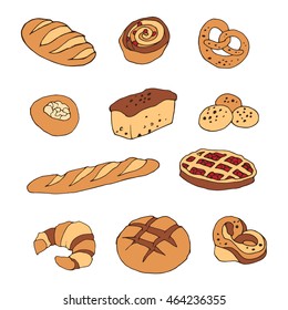 Vector set of bread and bakery products: pie, pretzel, puncake, muffin , loaf , croissant , cake. Vector illustration in cartoon style. Hand drawn design elements Isolated on white background.