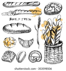 Vector Set Of Bread. Vector Hand Drawn Sketch Illustration