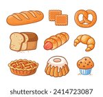 Vector set of bread icons. Bakery pastry products . Whole grain bread, sliced bread, bagel,  cookies, apple pie, loaf, sausage in dough, cupcake, and pretzel. Sweet desserts in cartoon styl.