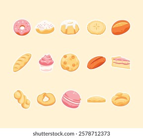 Vector set of bread icons. Bakery pastry products. Bread and sweet bakery food a set of vector illustrations.