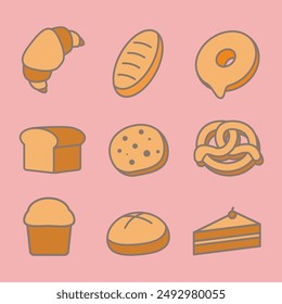 Vector set of bread icons,flat and cartoon style.bakery pastry product.sliced bread,croissant,donut,french baguette,cupcake,bagel,sweet dessert,etc.suitable for icon,symbol,sticker,wallpaper,etc
