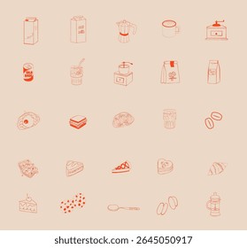 Vector set of breakfast, dessert, and coffee icons. Includes grinder, moka pot, cookies, milk, waffles, and beans. Perfect for cafe menus, packaging, or digital planning.