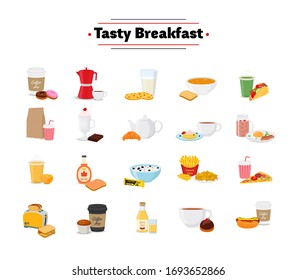 Vector set of breakfast - different food in cartoon flat style. Brunch, lunch for restaurant menu, cafe or pastry shops.