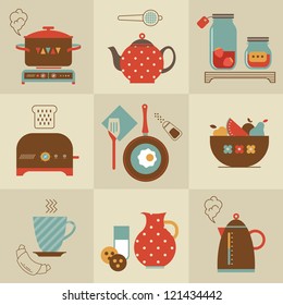 Vector set of breakfast food and devices icons