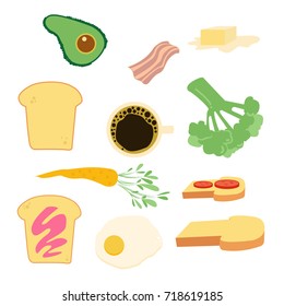 Vector set of breakfast products - bread toasts and sandwiches with vegetables and healthy lifestyle food collection, white background.