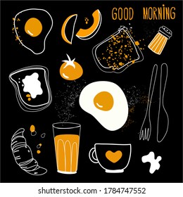 Vector set.
Breakfast. Various elements of scrambled eggs, tomato, toast, juice, knife and fork, coffee, bagel, fruits. 
Linear drawing style.
All elements are isolated. 