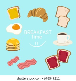 vector set of breakfast:bread,toast,jam,bacon,egg,pancake,croissant and coffee.Illustration of cute hand draw food.