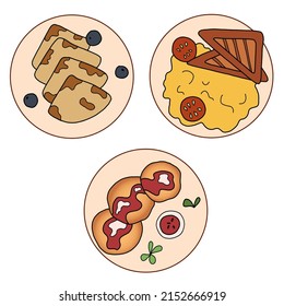 Vector set with breakfasts on circle plates. 