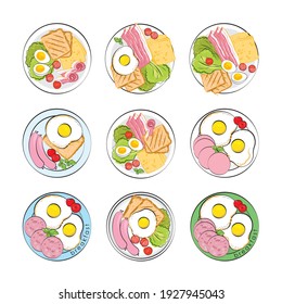 Vector set. Breakfasts. Serving food on a plate. Fried eggs, boiled eggs, bacon, sausages, ham, fresh salad, cilantro, cherry tomatoes, cheese, toast, bread. Cooking.