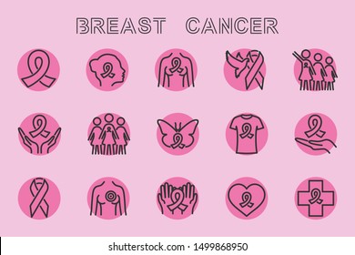 Vector set of breast cancer awareness line icons.