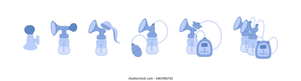 Vector set of breast pumps to increase milk supply for breastfeeding mother and child feeding bottle with breastmilk