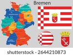 Vector set of Bremen including the official flag, coat of arms, and updated map. Part of the complete German flag and emblem collection.