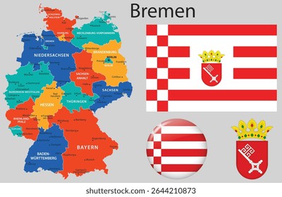 Vector set of Bremen including the official flag, coat of arms, and updated map. Part of the complete German flag and emblem collection.