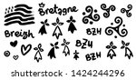 Vector set of breton hand-drawn symbols in grunge style: Gwen-ha-du (black and white flag of Brittany), doodle triskels, line-art hermines, Bretagne, Breizh and BZH letterings.