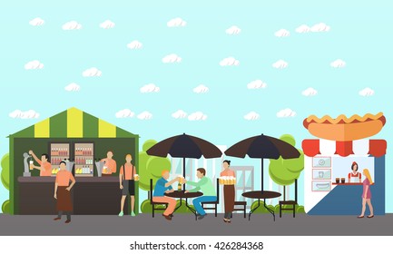Vector set of brewery and beer restaurant concept banners. Visitors drink beer in street cafe.