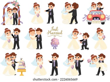 Vector set with bride and groom. Cute just married couple. Wedding ceremony illustrations. Cartoon marriage scenes with rings, cake, honeymoon car, arch, kissing, bouquet throwing, first dance
