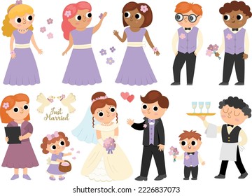 Vector set with bride, groom and their guests. Cute just married couple with bridesmaids, bridegrooms, children, waiter, registrar. Wedding ceremony illustration. Cartoon marriage people
