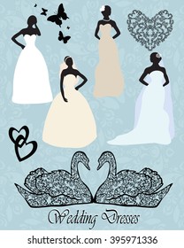 Vector set of brides silhouettes of cards. Illustration for the shop of wedding dresses.