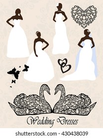 Vector set of brides silhouettes of cards. Illustration for the shop of wedding dresses