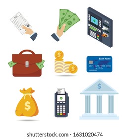 Vector set of briefcase with dollar signs, golden coins and banknotes, pos terminal and credit card, moneybag and atm. Hand holds money and receipt. Bank and financial items.