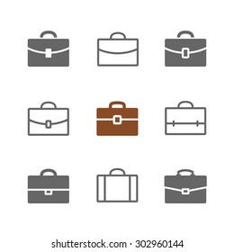 Vector set of Briefcase icons. Black Briefcase, suitcase and school case pictograms isolated on white. Solid and outlines.