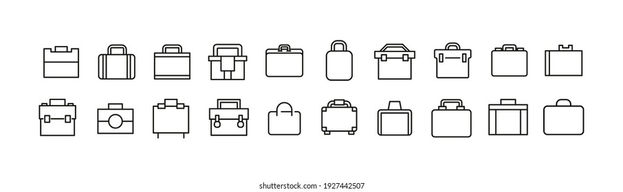 Vector set of briefcase thin line icons. Design of 20 stroke pictograms. Briefcase signs isolated on a white background.
