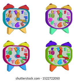 
Vector set of bright alarm clocks. Paper alarm clocks. Isometric. Isolated on white background.