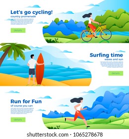 Vector set of bright banner templates with bike, surfing and running. Forest, river and mountains on soft background. With place for your text.