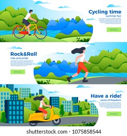 Vector set of bright banner templates with bike, roller and motorbike. City, forest, river and mountains on soft background. With place for your text.