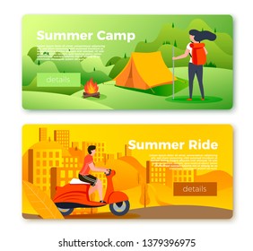 Vector set of bright banner templates with camping girl and man on motorbike. City, forest, river and mountains on soft background. With place for your text.