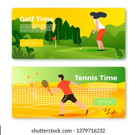 Vector set of bright banner templates with tennis man and golf girl. City, forest, river and mountains on soft background. With place for your text.