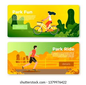 Vector set of bright banner templates with rolling man and girl on bike. City, forest, river and mountains on soft background. With place for your text.