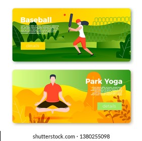 Vector set of bright banner templates with cricket player girl and yoga man in park. City, forest, river and mountains on soft background. With place for your text.