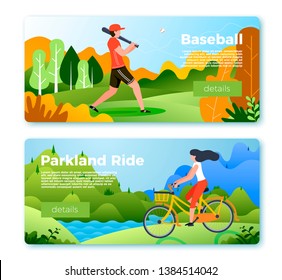 Vector set of bright banner templates with baseball man and girl on bike. Forest, river and mountains on soft background. With place for your text.