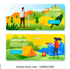 Vector set of bright banner templates with people hiking outdoors. Forest, river and mountains on soft background. With place for your text.