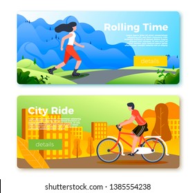 Vector set of bright banner templates with riding girl and man. City, forest, river and mountains on soft background. With place for your text.