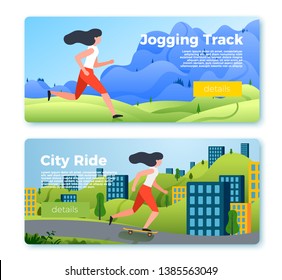 Vector set of bright banner templates with riding and running girl. City, forest, river and mountains on soft background. With place for your text.