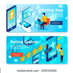 Vector set of bright banner templates with dating app and rating system. With place for your text.