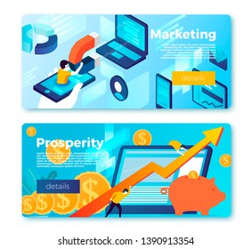 Vector set of bright banner templates with man holding arrow, rising profits and inbound marketing man. With place for your text.
