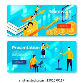 Vector set of bright banner templates with teamwork holding arrow, rising profits and man and presentation in office. With place for your text.