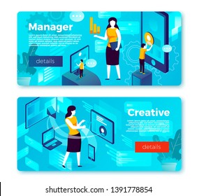 Vector set of bright banner templates with manager girl, and creative working process. With place for your text.