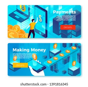 Vector set of bright banner templates with online payment and making coins, money process. With place for your text.