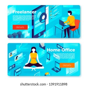 Vector set of bright banner templates with freelance man and girl, home creative working process. With place for your text.