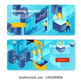 Vector set of bright banner templates with online exchange and making coins, money process. With place for your text.